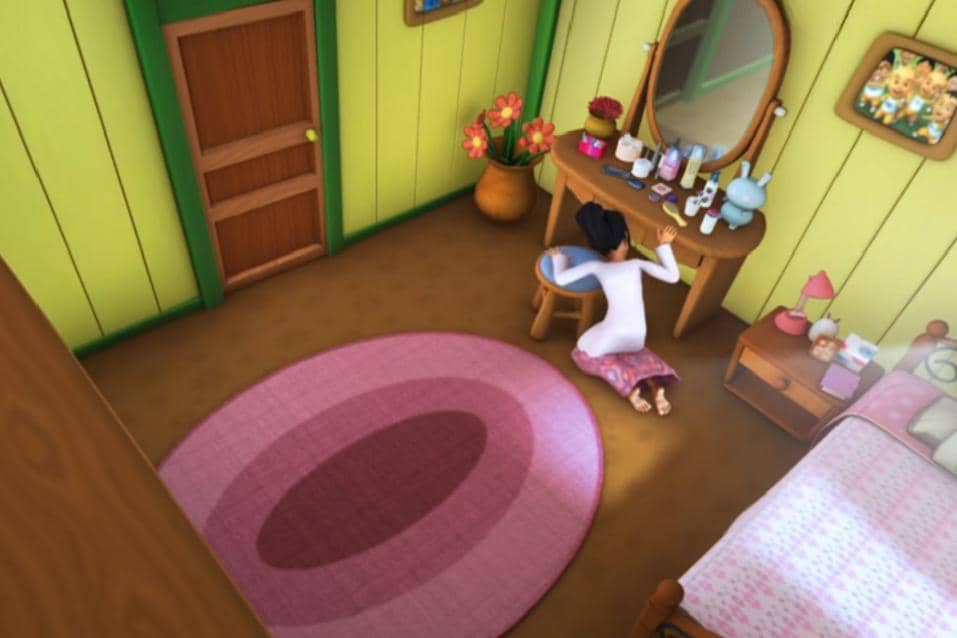 kamar Kak Ros cukup bernuansa feminin lewat penggunaan sprei bermotif bunga, karpet pink, serta adanya dekorasi kecil lain seperti pot bunga dan beberapa pajangan lain