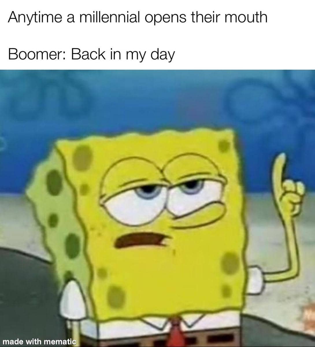 Meme SpongeBob bertema baby boomers dari pengguna Reddit Sardonic-Meme-Lord, dengan teks humor satir.