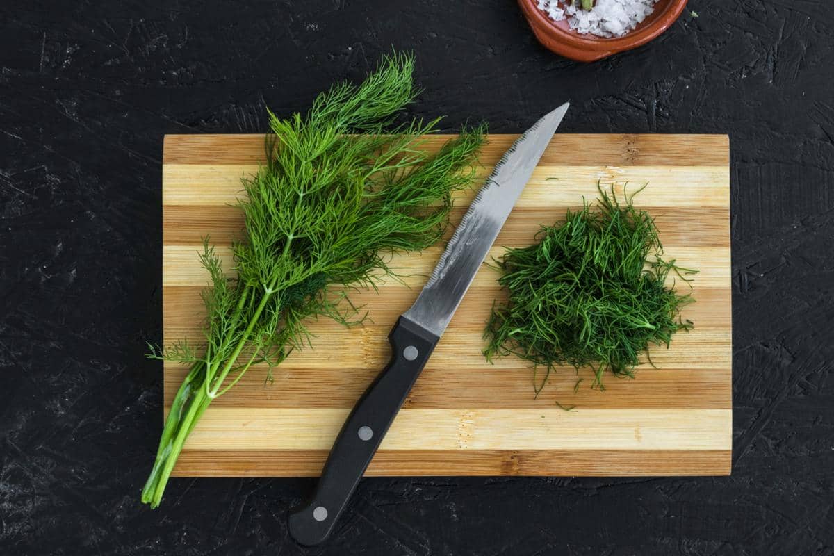 ilustrasi memotong daun dill