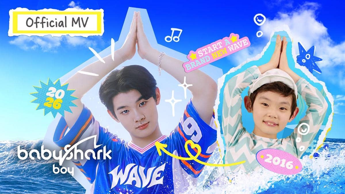 Nama Baby Shark Boy beserta alamat kanal YouTube resmi babysharkboy_official yang tercantum sebagai sumber visual.