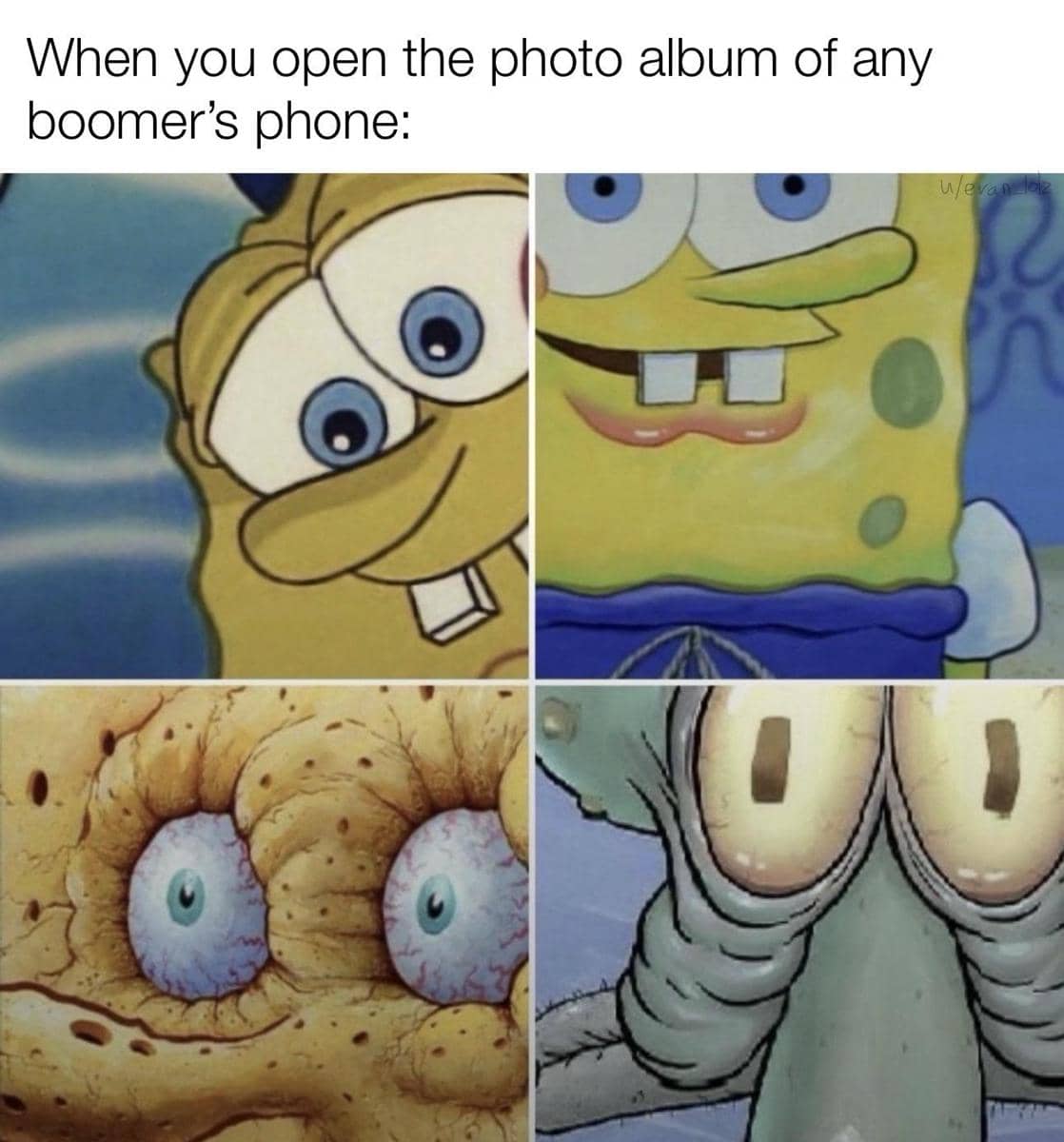 Meme SpongeBob bertema baby boomers dengan teks humor yang membahas pandangan tentang generasi tersebut.