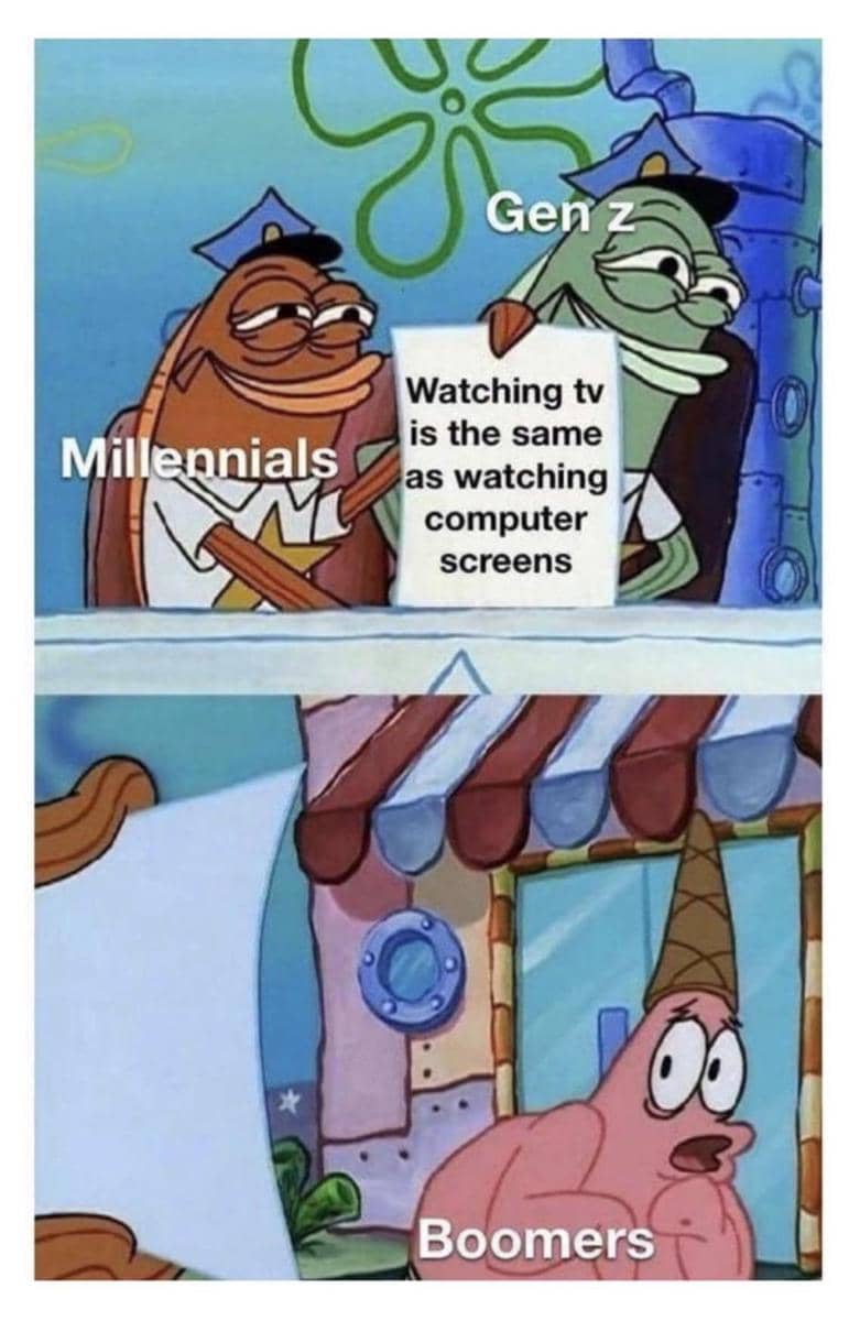 Meme SpongeBob dengan teks humor yang membahas stereotip dan pandangan tentang generasi baby boomers secara satir.