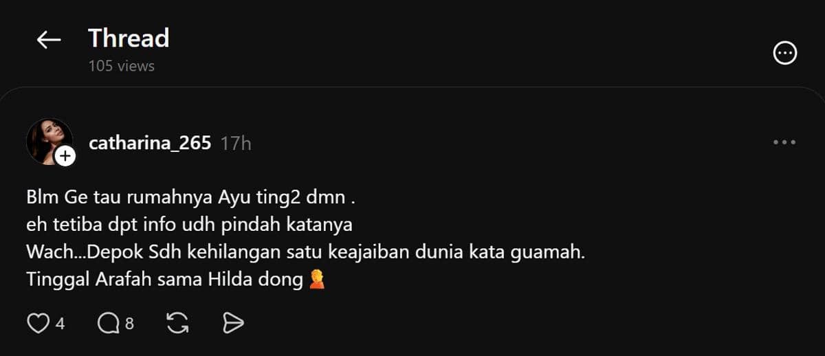Tangkapan layar unggahan Threads berisi komentar warganet tentang kabar Ayu Ting Ting pindah ke Jakarta Selatan.
