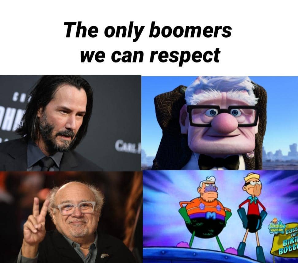 Meme bertema SpongeBob membahas generasi baby boomers, disertai tangkapan layar serial animasi dan teks humor.