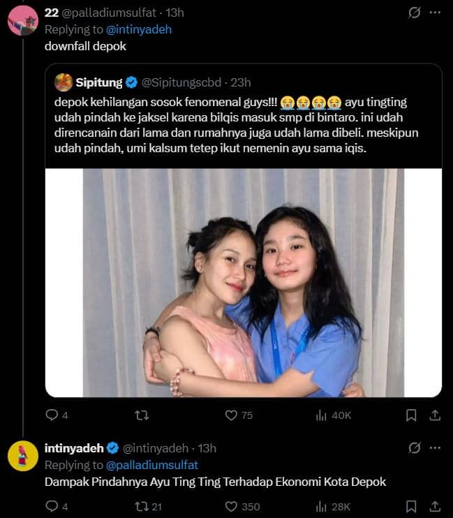 Tangkapan layar unggahan X berisi komentar kocak warganet tentang Ayu Ting Ting yang pindah ke Jakarta Selatan.