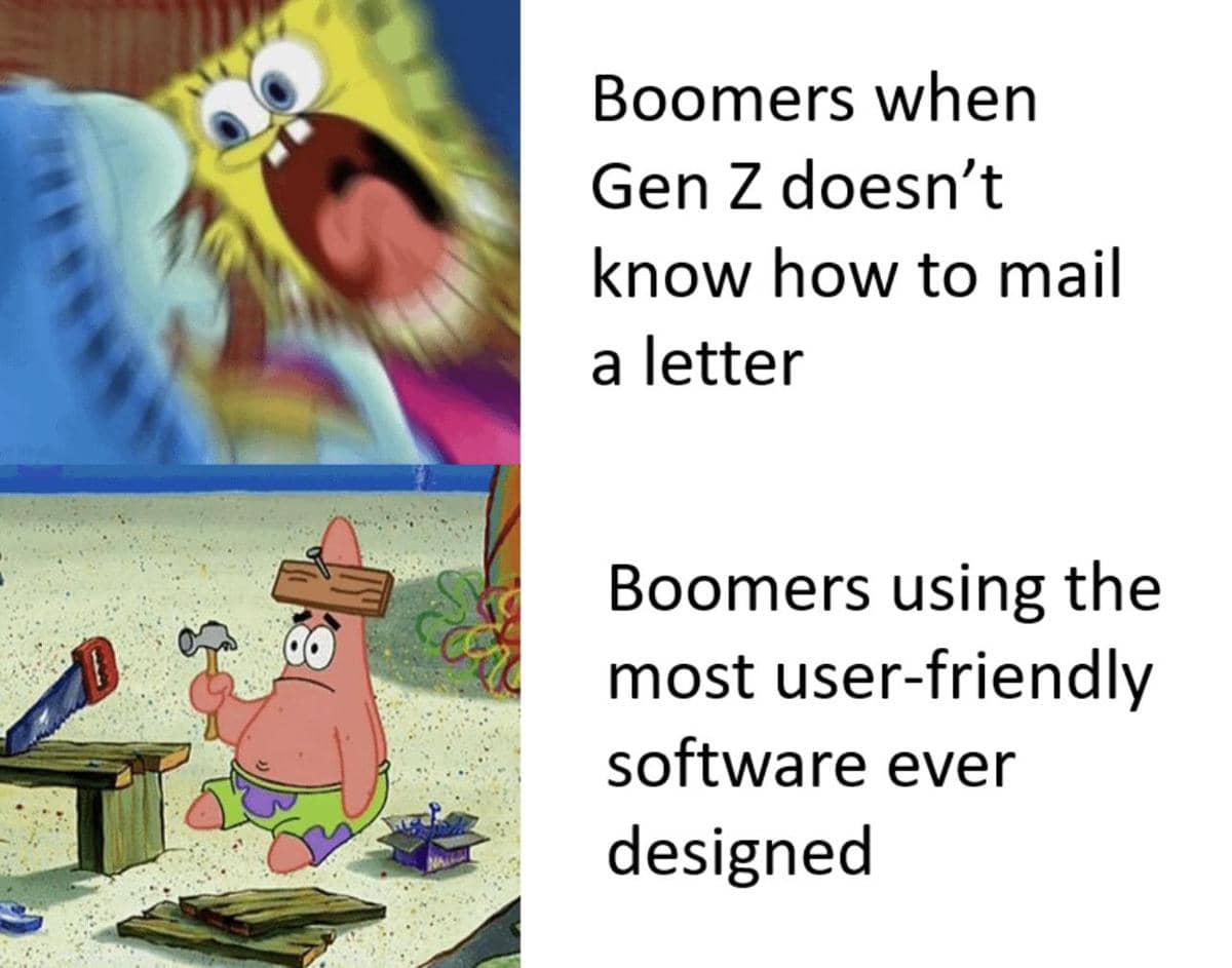 Meme SpongeBob dari Reddit BikiniBottomTwitter membahas generasi baby boomers melalui teks humor satir.