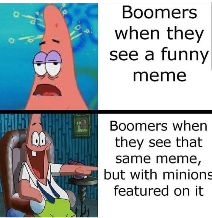 Meme SpongeBob bertema baby boomers dengan teks humor yang membandingkan pengalaman antargenerasi secara ringan.