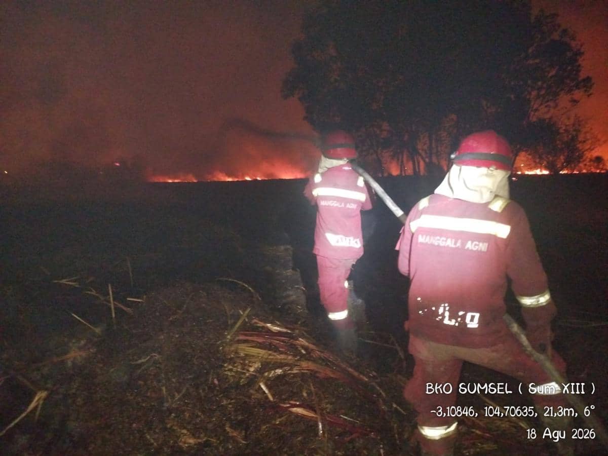 Petugas Manggala Agni menyemprotkan air untuk memadamkan kebakaran hutan dan lahan di Sungai Rambutan, Ogan Ilir.