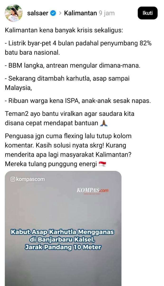 Salsa Erwina Hutagalung suarakan kebakaran di Kalimantan