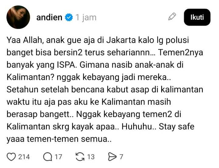 Andien suarakan kebakaran di Kalimantan 