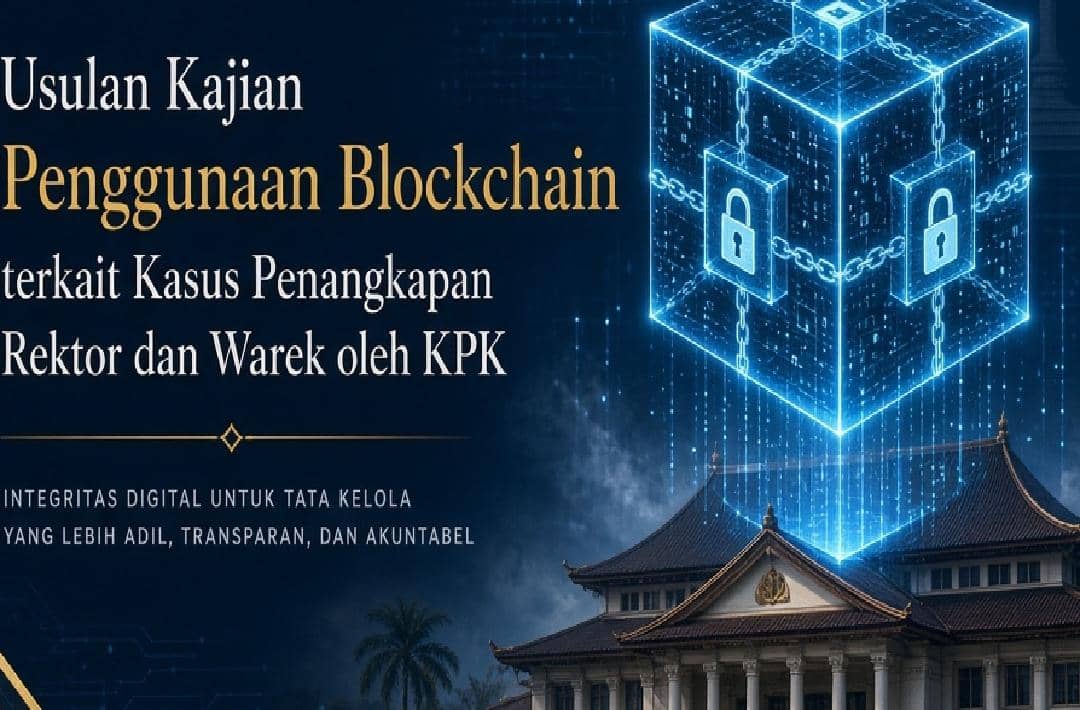 Ilustrasi teknologi blockchain sebagai lapisan audit trail untuk mendukung pengelolaan anggaran kampus yang transparan.
