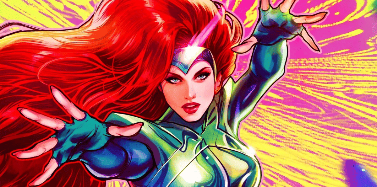 Ilustrasi karakter Jean Grey dari X-Men berambut merah dalam balutan kostum khas Marvel Comics.