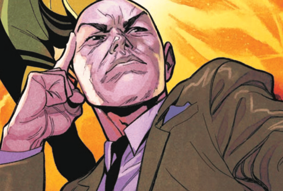 Ilustrasi Profesor X, karakter Marvel Comics berkepala botak, dengan ekspresi serius dan mengenakan pakaian formal.