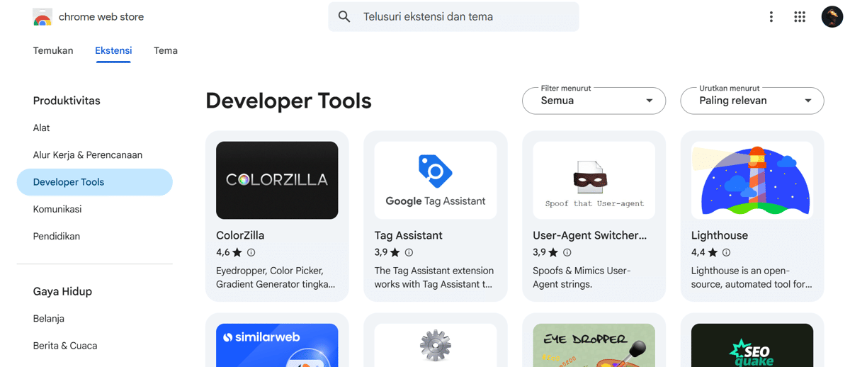 Menu Extensions di Google Chrome dengan daftar ekstensi terpasang dan opsi pengelolaannya.