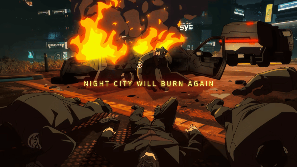 Tulisan tagline “Night City Will Burn Again” untuk serial anime Cyberpunk: Edgerunners 2 dari Netflix.