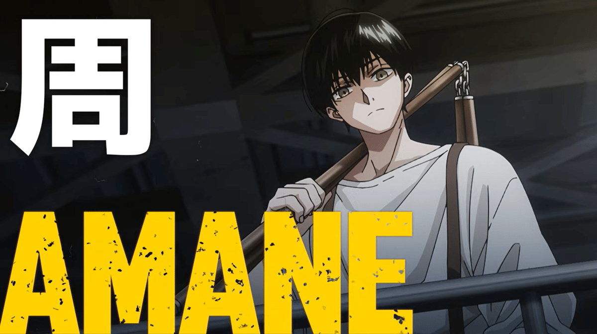 Karakter Amane dalam ilustrasi promosi resmi SAKAMOTO DAYS Season 2 karya Yuto Suzuki dan Shueisha.