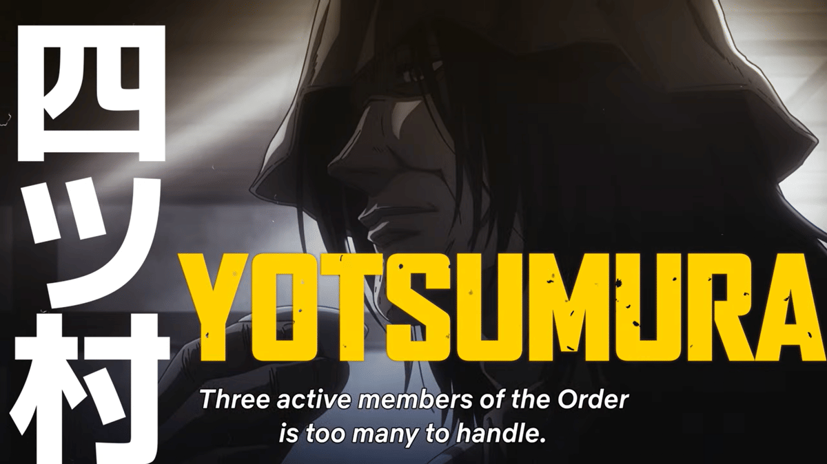 Yotsumura, karakter berambut putih berekspresi serius dalam visual anime SAKAMOTO DAYS Season 2.