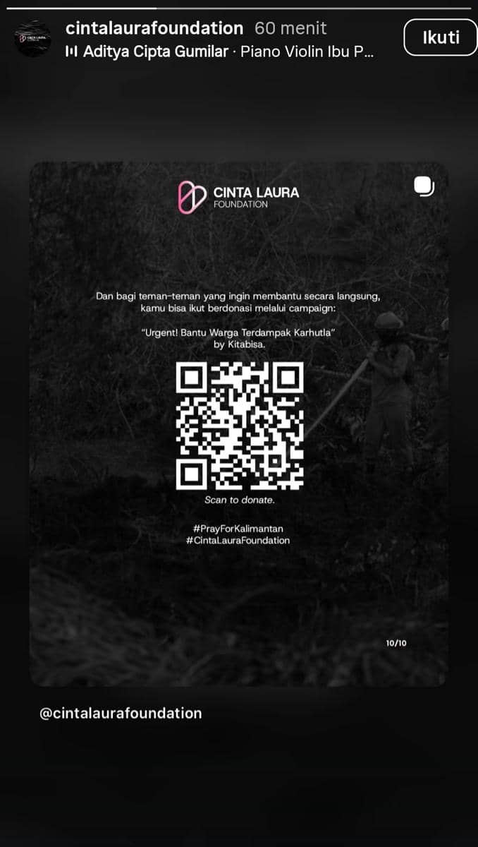 Tangkapan layar unggahan Instagram tentang penggalangan dana Cinta Laura untuk karhutla di Kalimantan.