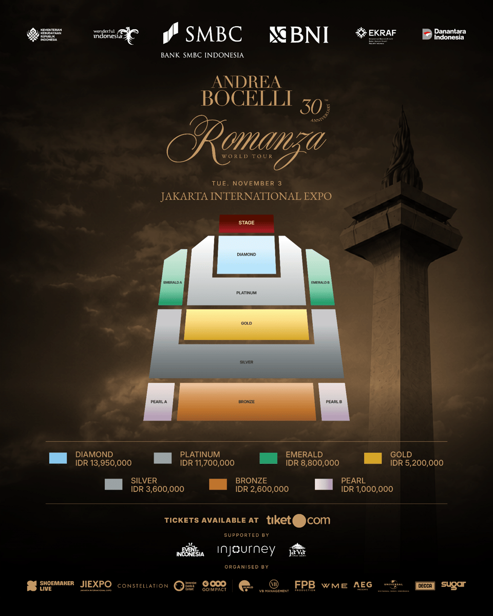 Harga tiket konser Andrea Bocelli di Jakarta pada 3 November 2026 (dok. Shoemaker Live)