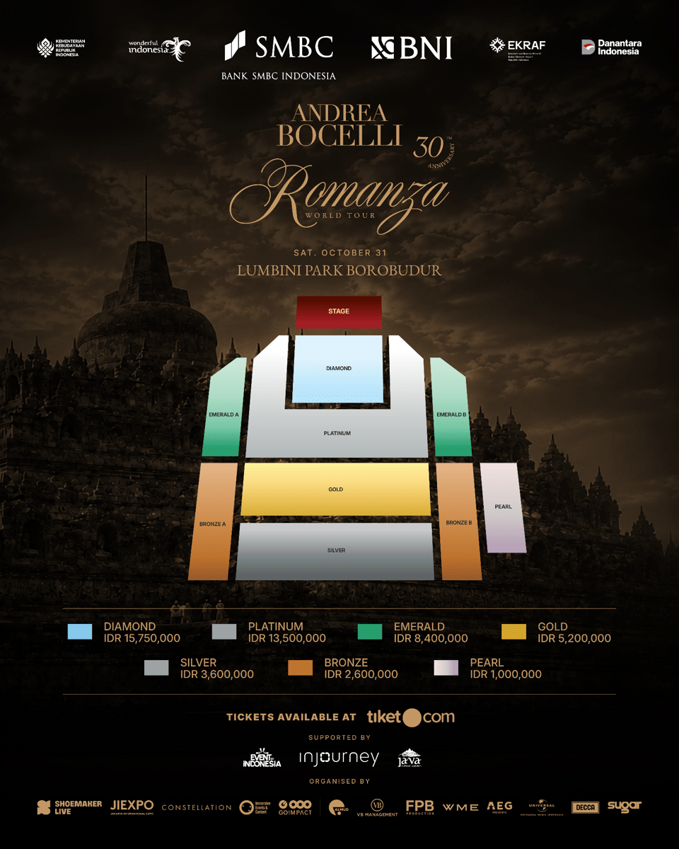 Harga tiket konser Andrea Bocelli di Candi Borobudur yang dijadwalkan 31 Oktober 2026 (dok. Shoemaker Live)