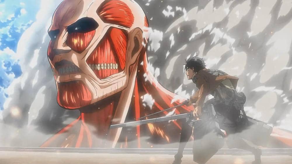 Colossal Titan Berthold berhadapan dengan Eren dalam adegan anime Attack on Titan Season 1 produksi WIT Studio.