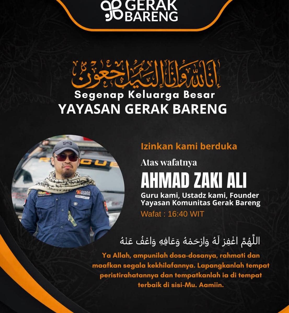 Relawan Kemanusiaan Ahmad Zaki Ali wafat di lokasi bencana gempa. (Dok. Instgaram/Gerak Bareng)