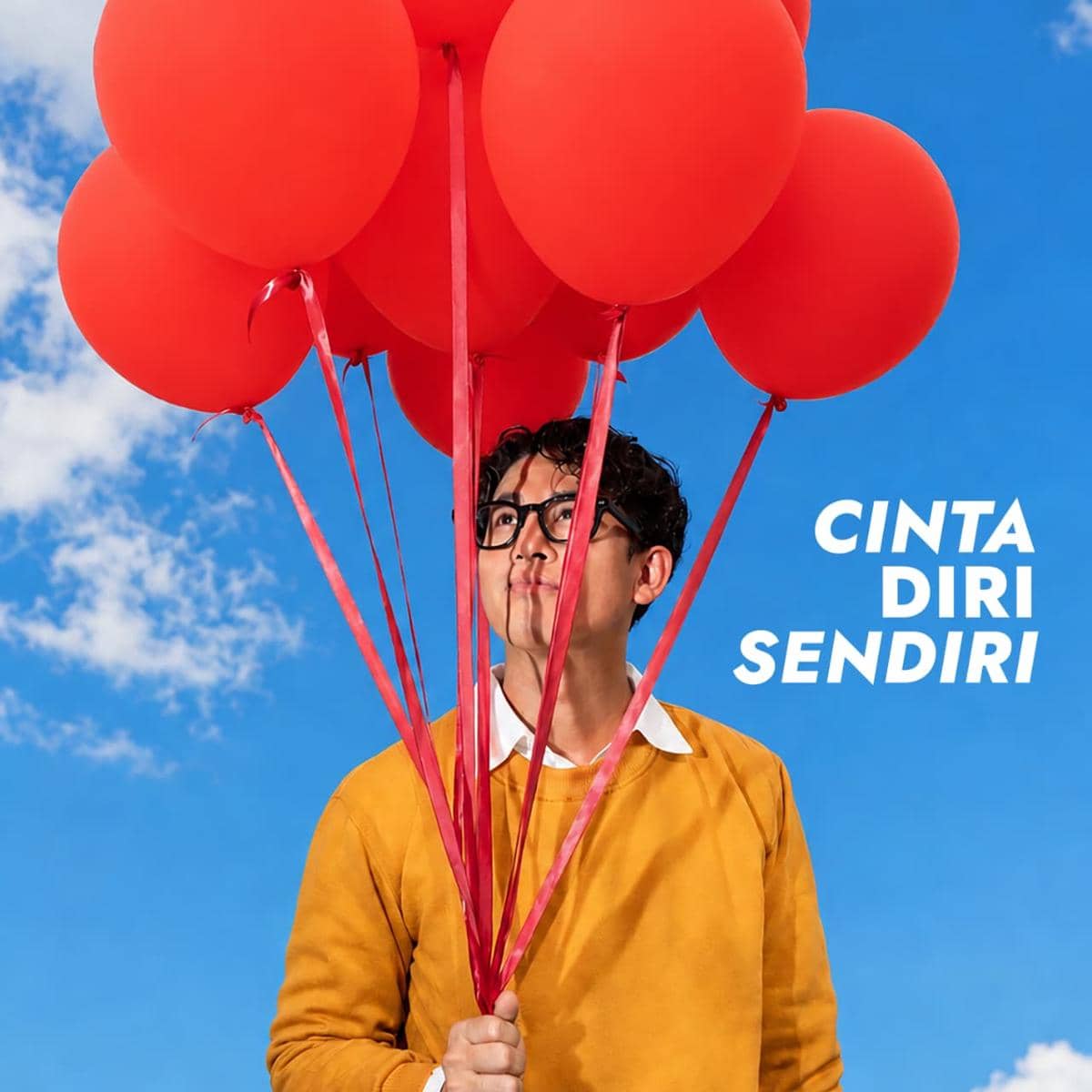 Potret musisi Budi Doremi dengan teks lirik lagu “Cintai Diri Sendiri” pada latar berwarna cerah.