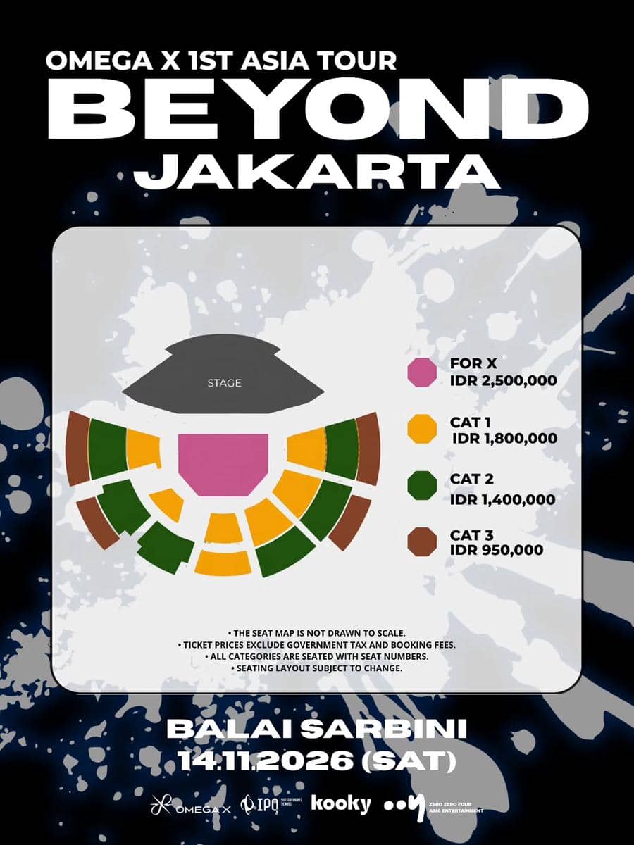 Poster konser OMEGA X di Jakarta pada 2026 memuat informasi harga tiket dan cara pembelian dari 004asia.