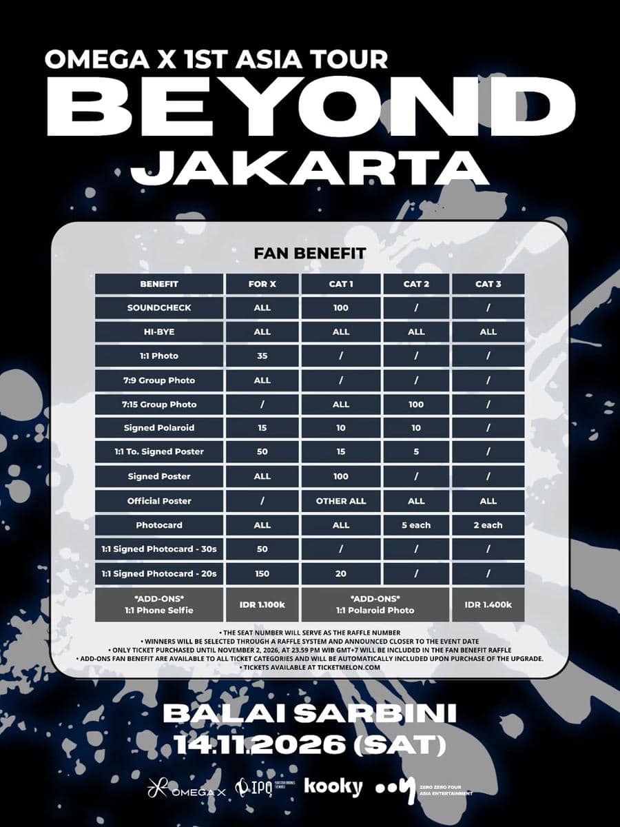 Poster informasi harga tiket konser OMEGA X di Jakarta 2026 beserta cara pembelian melalui akun Instagram 004asia.