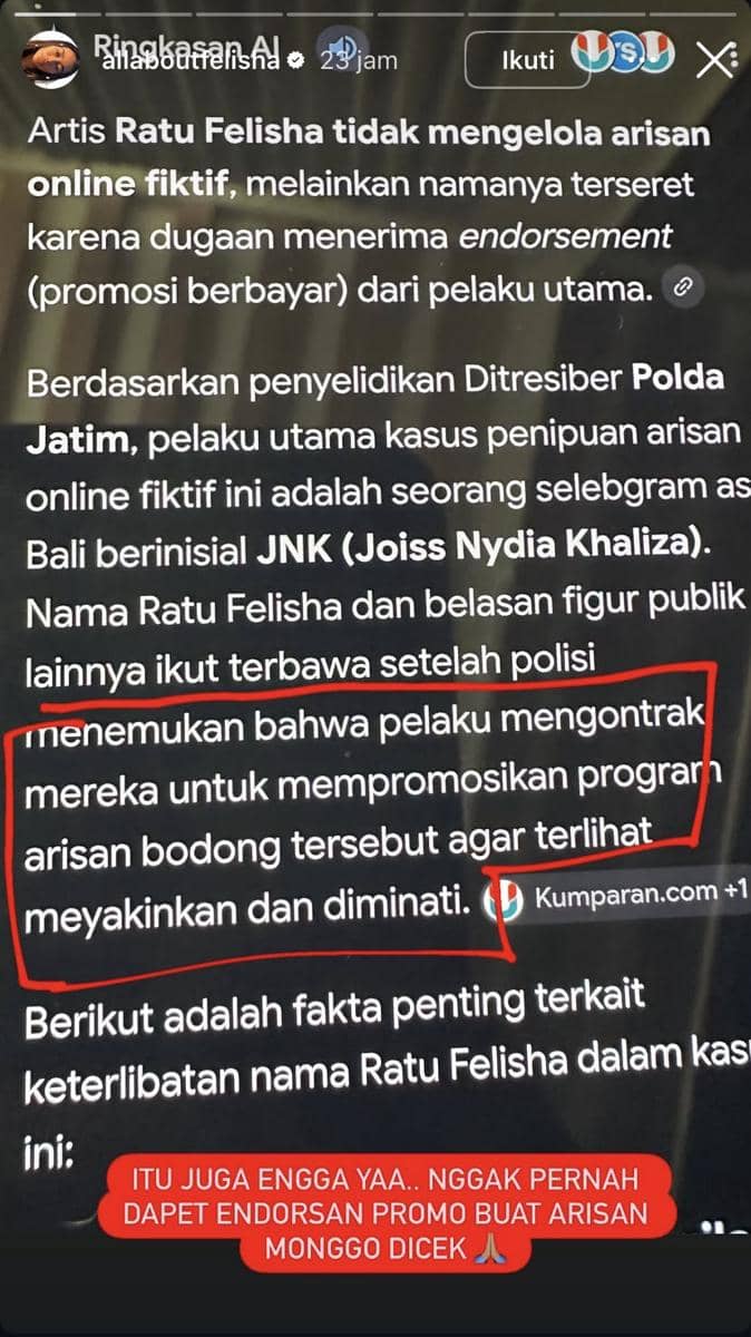 Potret Ratu Felisha dalam unggahan Instagram yang dibagikan melalui akun allaboutratufelisha tersebut.