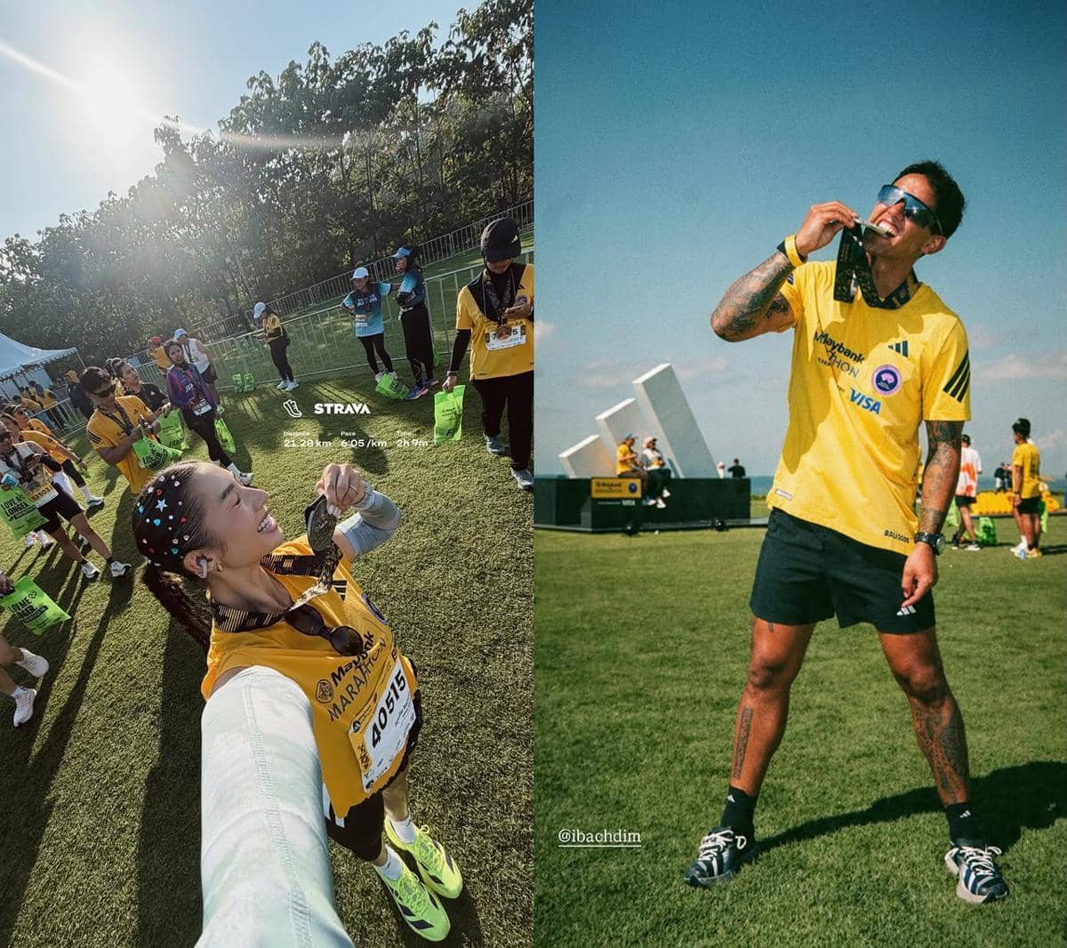 Seorang artis berlari mengikuti Bali Marathon 2026 dengan mengenakan kaus olahraga dan nomor peserta.