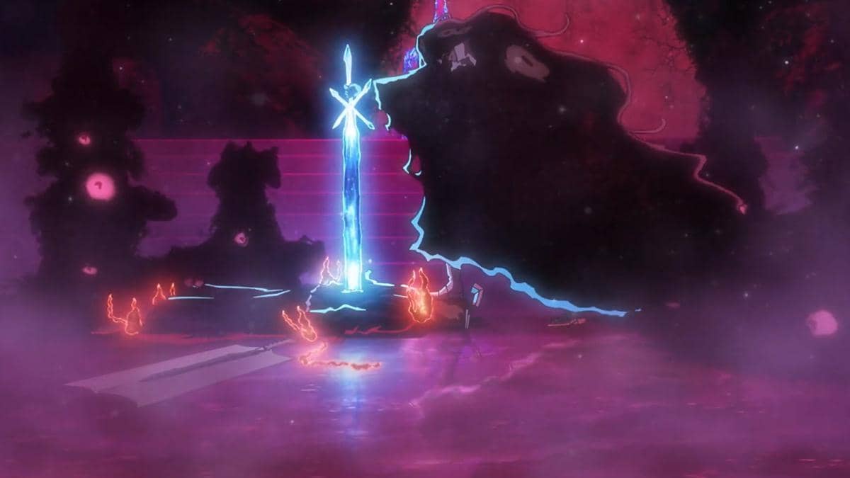 Yhwach menundukkan Blood Chains Ichigo dalam adegan pertarungan anime Bleach TYBW Part 4 karya Studio Pierrot.