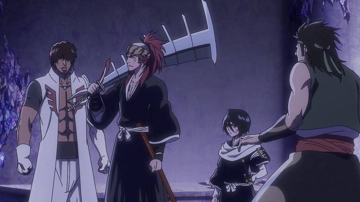 Rukia dan Renji berbincang dengan Chad dan Ganju dalam adegan anime Bleach TYBW Part 4 produksi Pierrot.