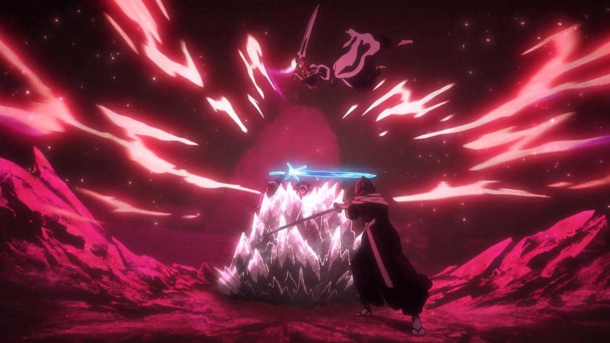 Ichigo dan Rukia melawan Yhwach dalam adegan anime Bleach: Thousand-Year Blood War Part 4 produksi Pierrot.