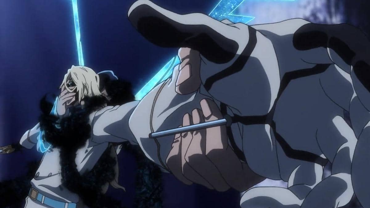 Ishida memakaikan Sarung Tangan Sanrei kepada Jugram yang berdiri di hadapannya dalam adegan Bleach TYBW Part 4.