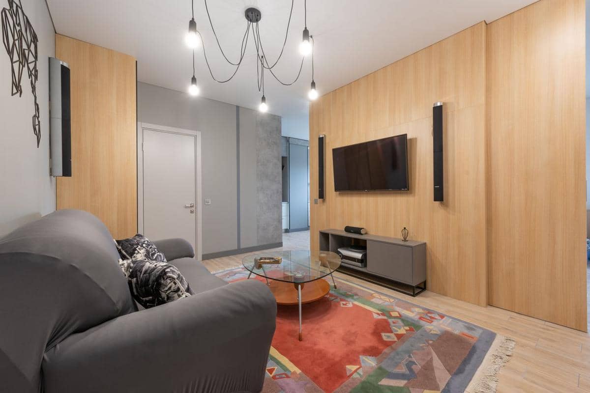 ilustrasi interior rumah dengan dinding kayu