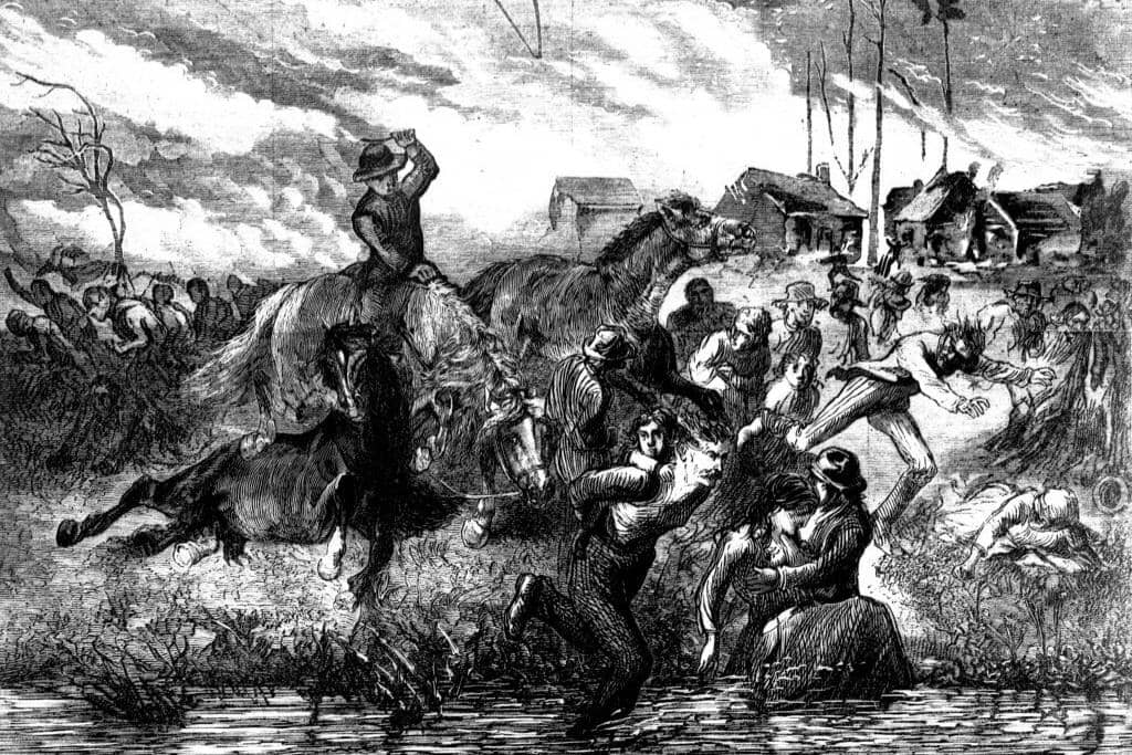 Ilustrasi Kebakaran Peshtigo yang menunjukkan orang-orang mencari perlindungan di Sungai Peshtigo. 