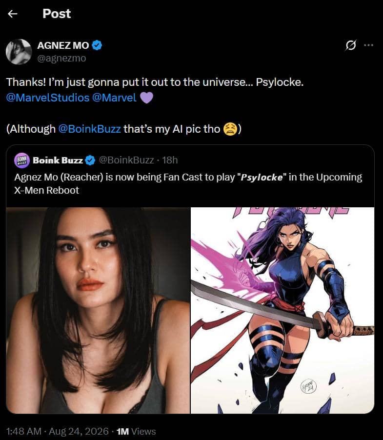 Tangkapan layar komentar akun Agnez Mo di platform X, memperlihatkan unggahan teks dari @agnezmo pada layar.