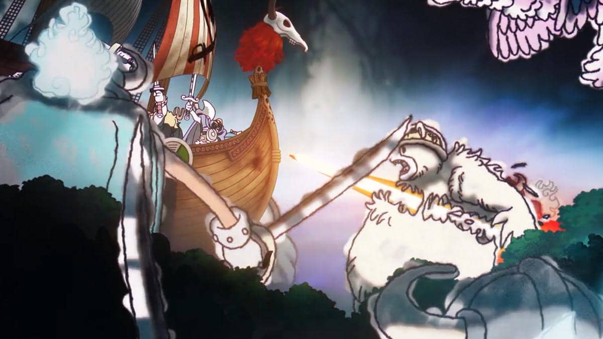 Drogy dan Brogy dari One Piece bertarung melawan monster-monster besar dalam adegan produksi Toei Animation.