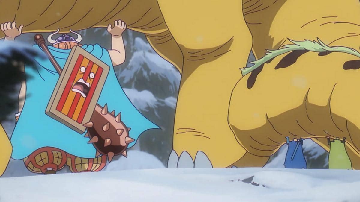 Goldberg, Sanji, dan Zoro membawa hasil buruan bersama dalam adegan anime One Piece produksi Toei Animation.