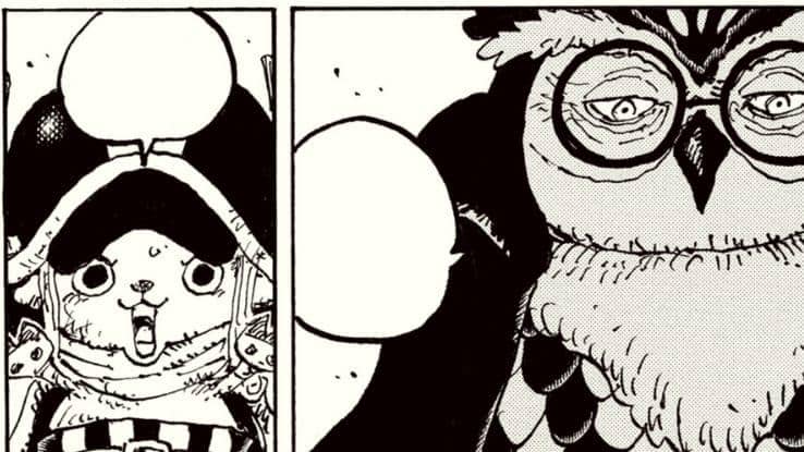 Ilustrasi Tony Tony Chopper berdiri bersama Biblo dalam karya One Piece oleh Eiichiro Oda dan Shueisha.