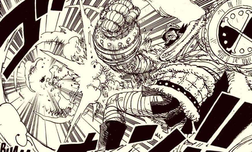 Hajrudin meluncurkan serangan Gungnir dengan tangan terangkat dalam adegan manga One Piece yang dramatis.