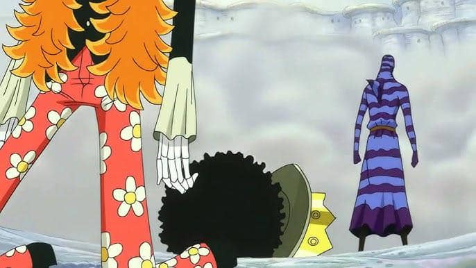Brook, manusia tengkorak dari One Piece, tampak dipenggal oleh Zeo dalam adegan pertarungan anime One Piece.