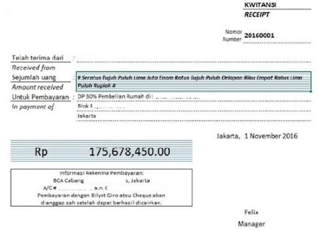 ilustrasi Kwitansi Pembayaran Uang Muka atau Booking Fee
