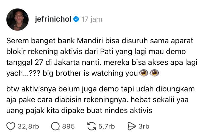 Potret Jefri Nichol dalam unggahan akun Threads @jefrinichol, sebagaimana dicantumkan pada keterangan gambar.