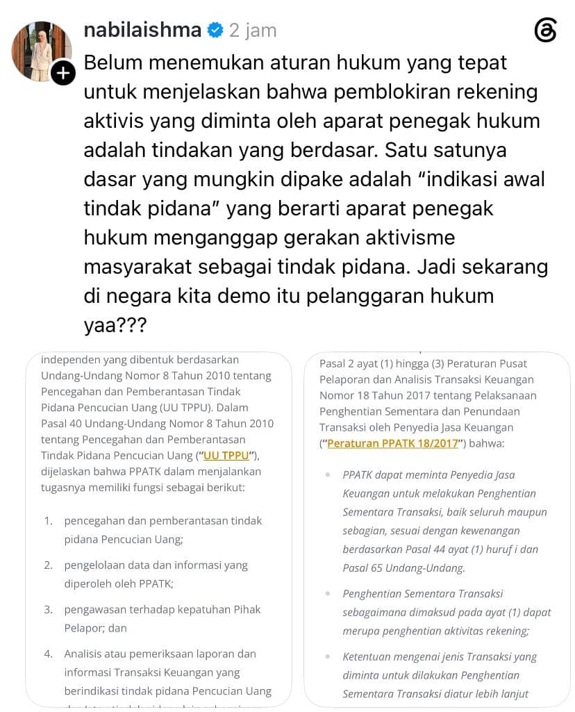 Potret Nabila Ishma dengan kredit akun Threads @nabilaishma, dalam unggahan yang menyertai artikel berita.
