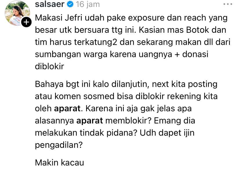 Salsa Erwina yang dikaitkan dengan akun Threads.com/salsaer, sesuai keterangan pada foto tersebut.