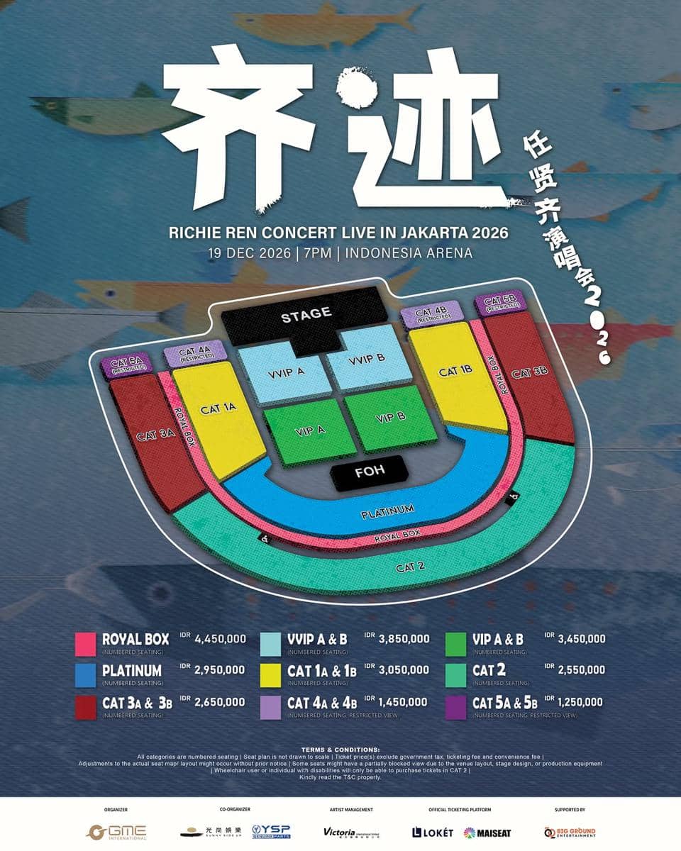 Poster harga tiket konser Richie Ren di Jakarta 2026 dengan kategori, harga, dan informasi penjualan yang tercantum.