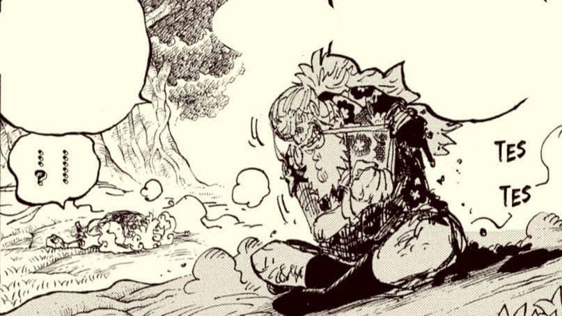 Scopper Gaban merawat luka pada dirinya sendiri dengan pertolongan pertama dalam ilustrasi manga One Piece.