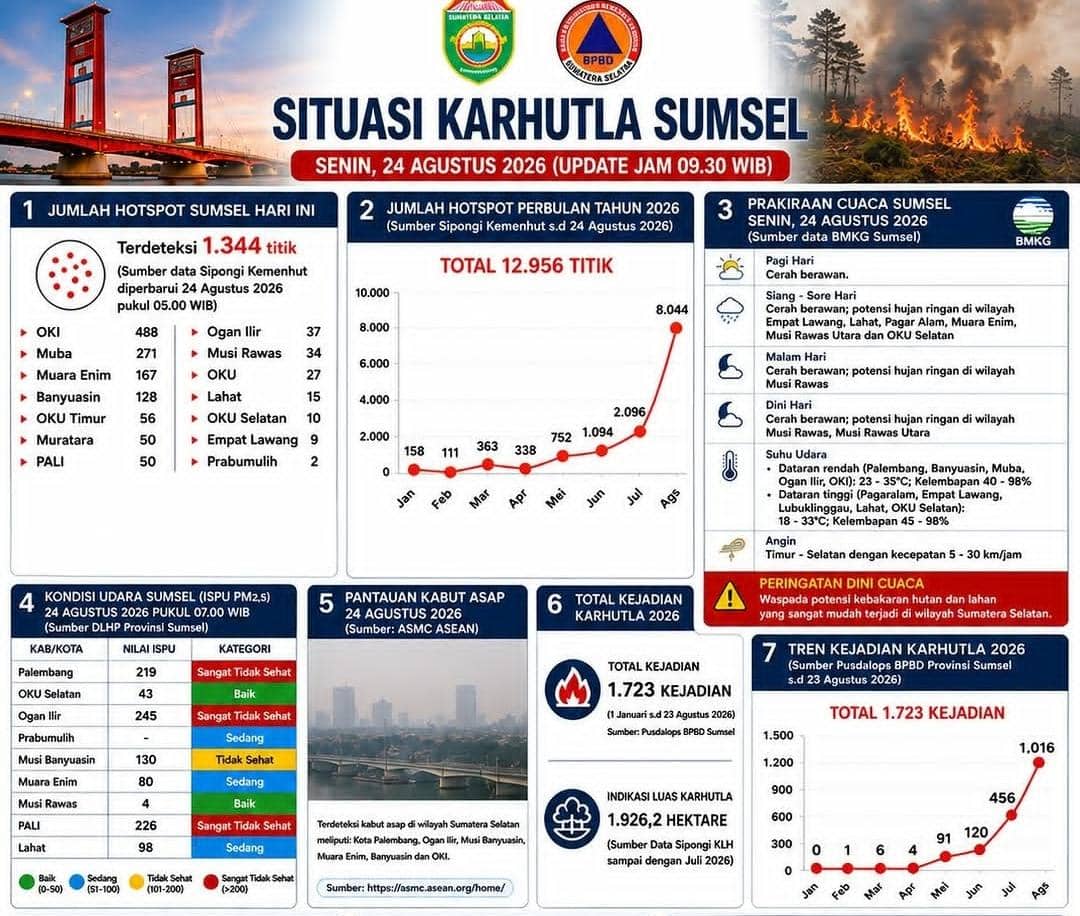 Kondisi kebakaran hutan dan lahan di Sumatera Selatan pada 24 Agustus 2026 berdasarkan dokumentasi BPBD Sumsel.